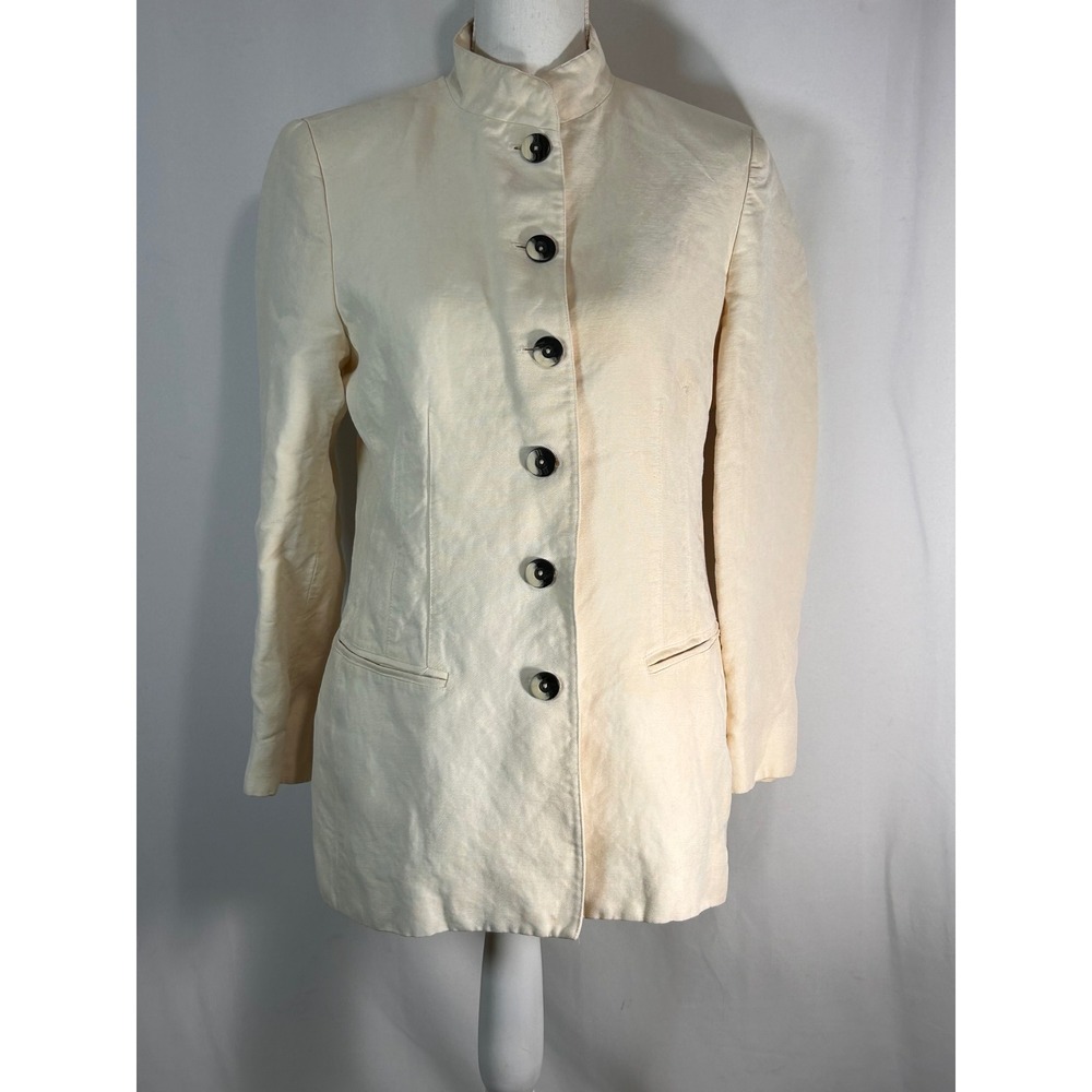 Dana Buchman Cream Mandarin Collar Longline Blazer with‎ Swirl Buttons